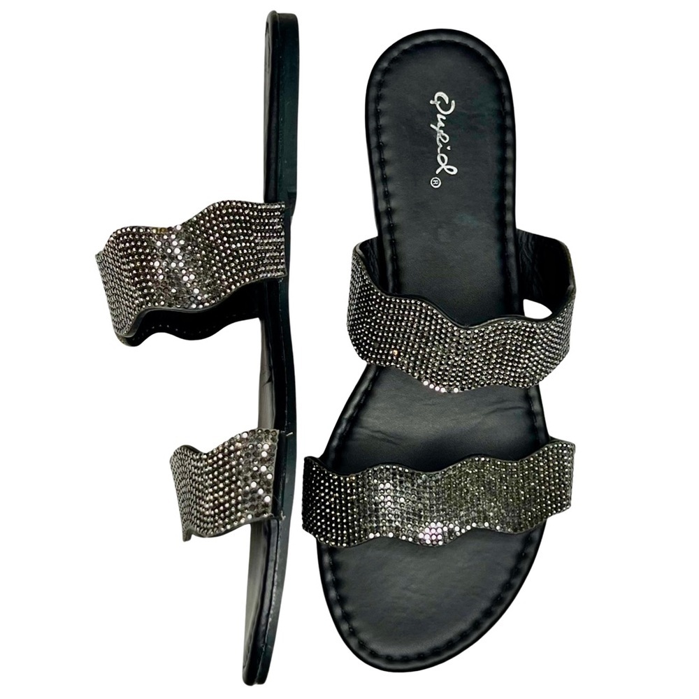 Qupid Sandals Rhinestone Banded Double Scalloped Slip On Slide Bling Black 7.5